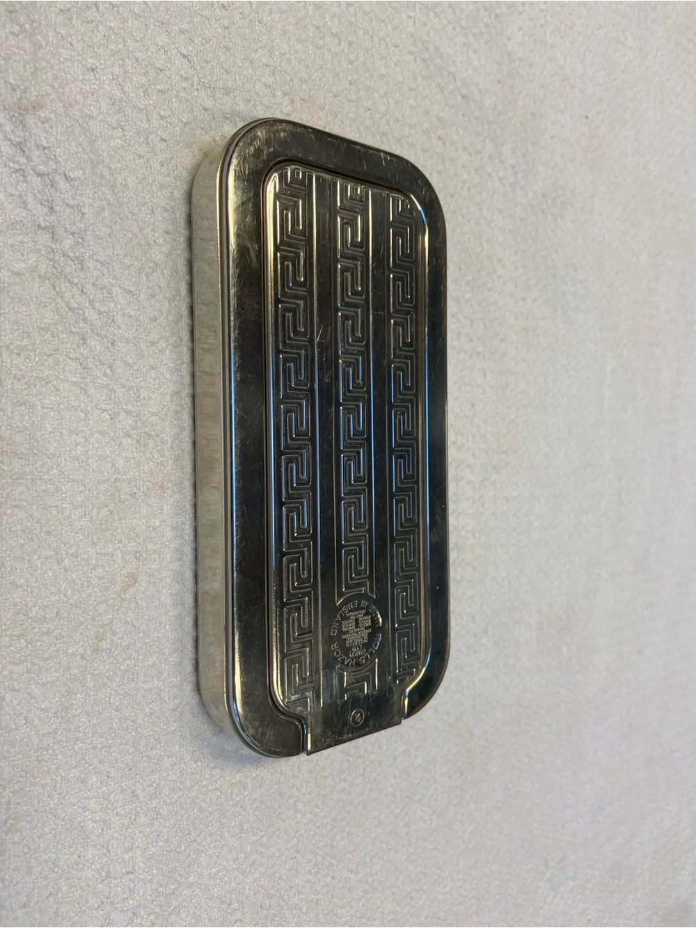 Silver Metal Rolls Razor Whetter Decorative Case with Greek Key Pattern